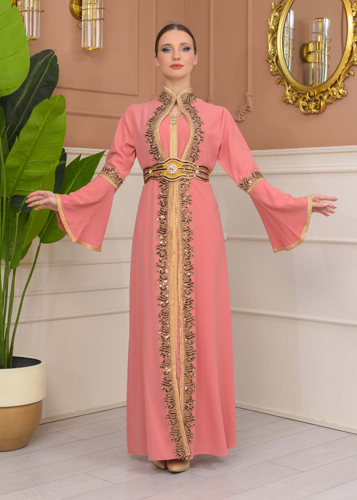 Altın işlemli  kaftan Abiye Elbise 4110 - Pembe