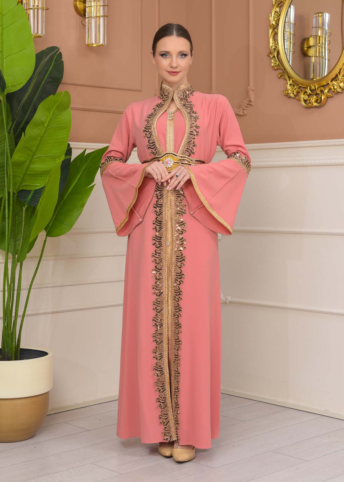 Gold-embroidered kaftan Abiye4110 - pink