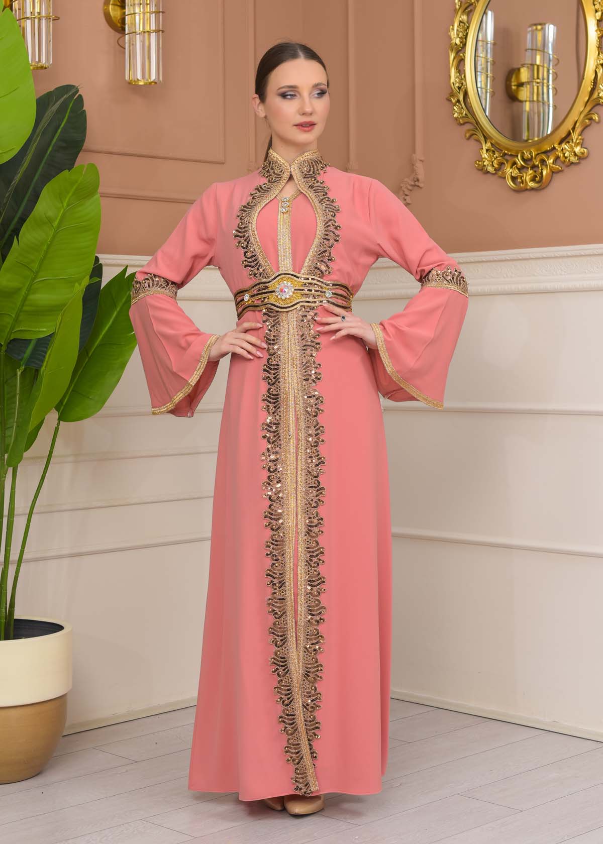 Gold-embroidered kaftan Abiye4110 - pink