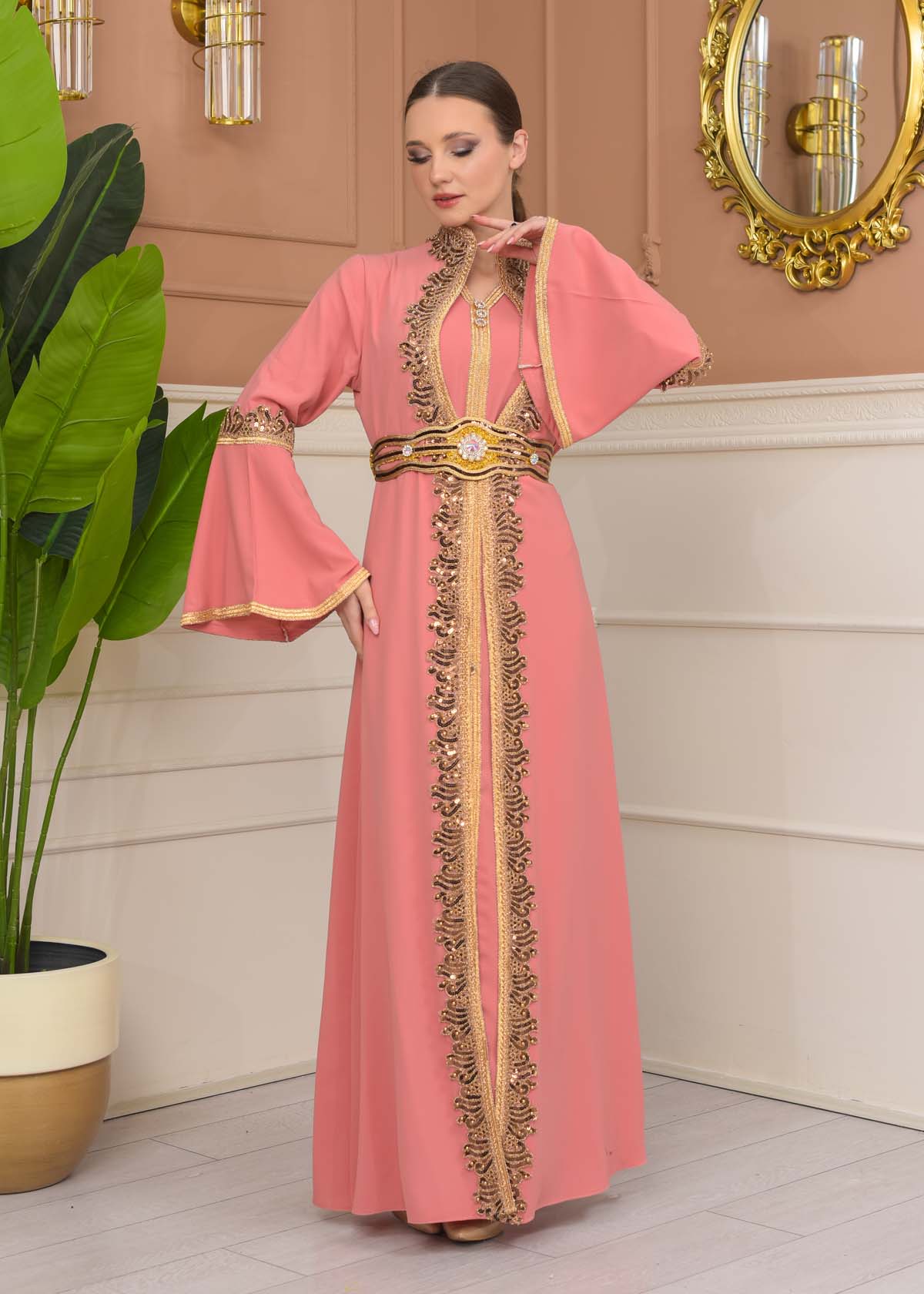 Gold-embroidered kaftan Abiye4110 - pink