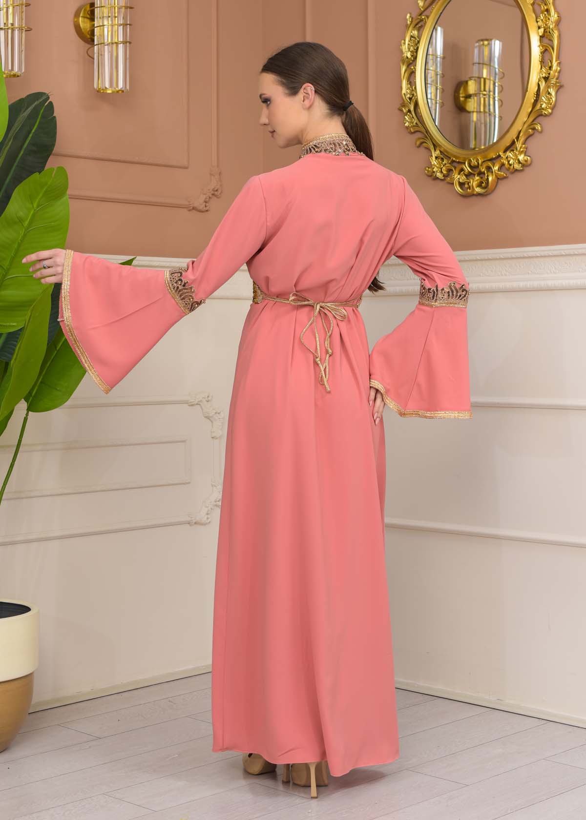 Gold-embroidered kaftan Abiye4110 - pink