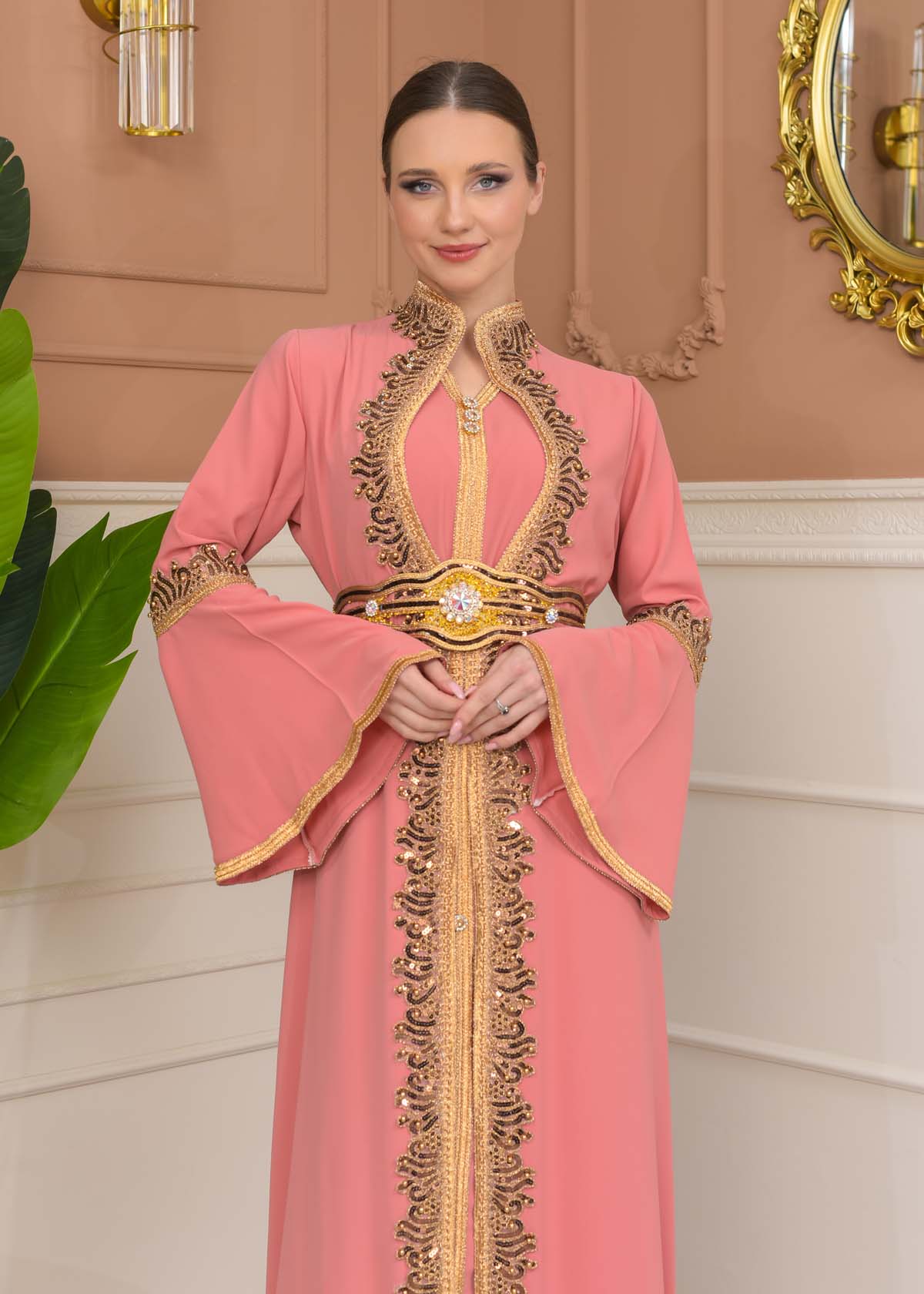 Gold-embroidered kaftan Abiye4110 - pink