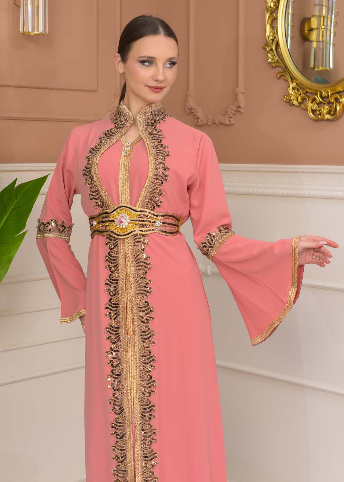 Gold-embroidered kaftan Abiye4110 - pink