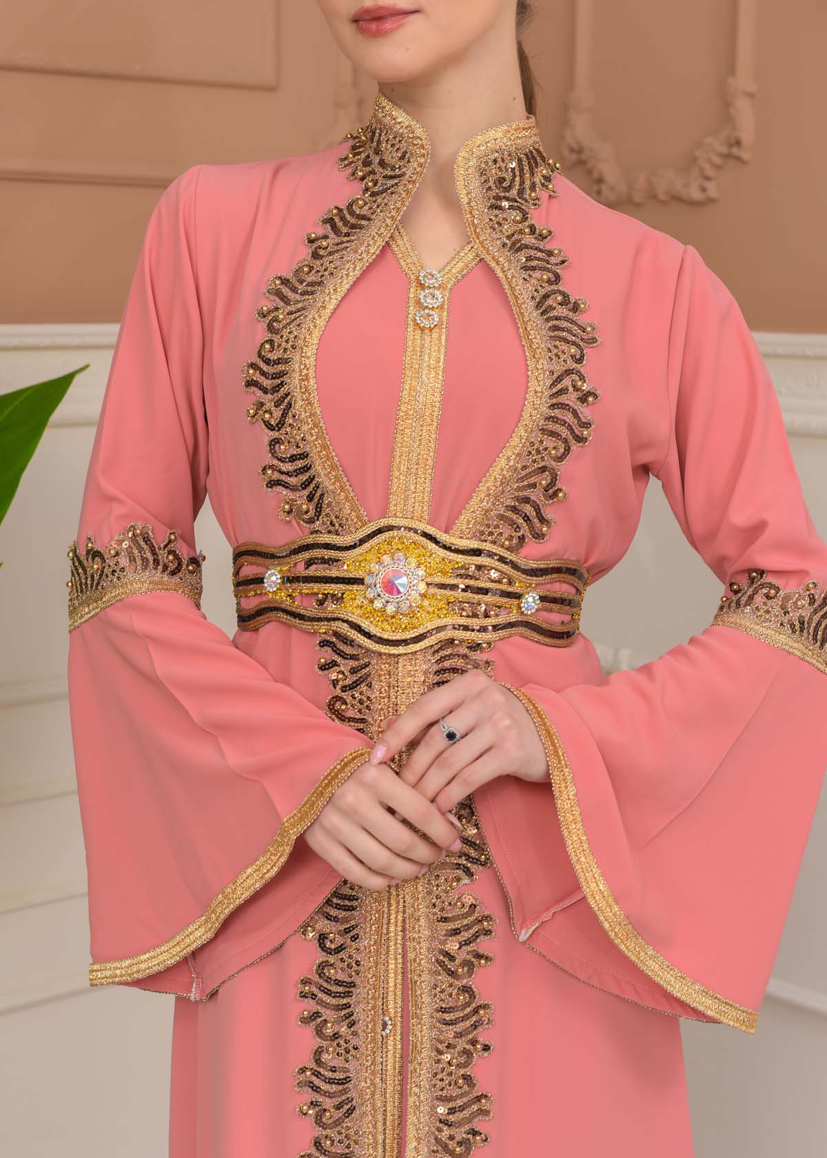 Gold-embroidered kaftan Abiye4110 - pink