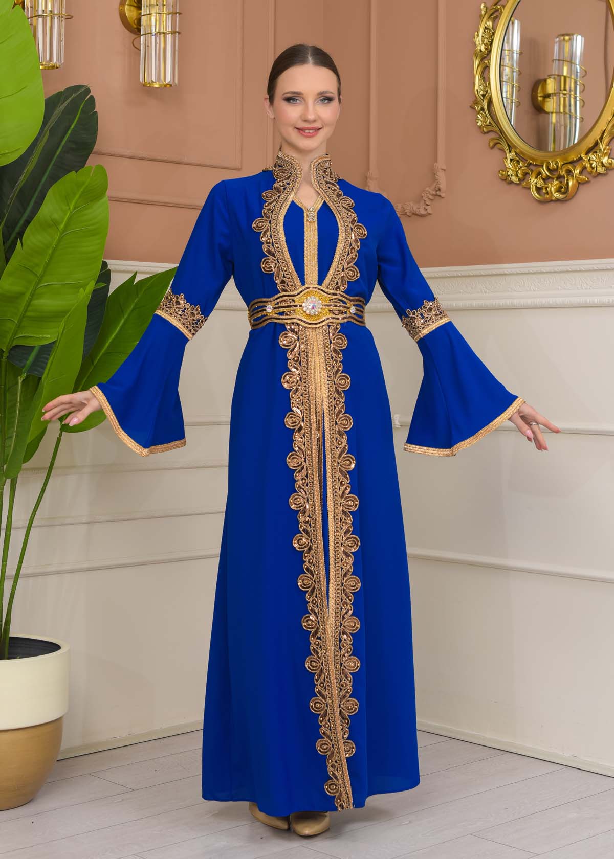 Gold-embroidered kaftan Abiye4110 - blue