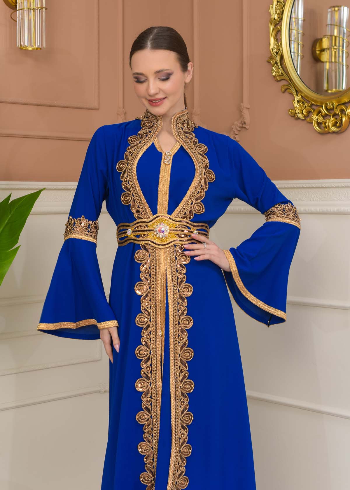 Altın işlemli  kaftan Abiye Elbise 4110 - Mavi