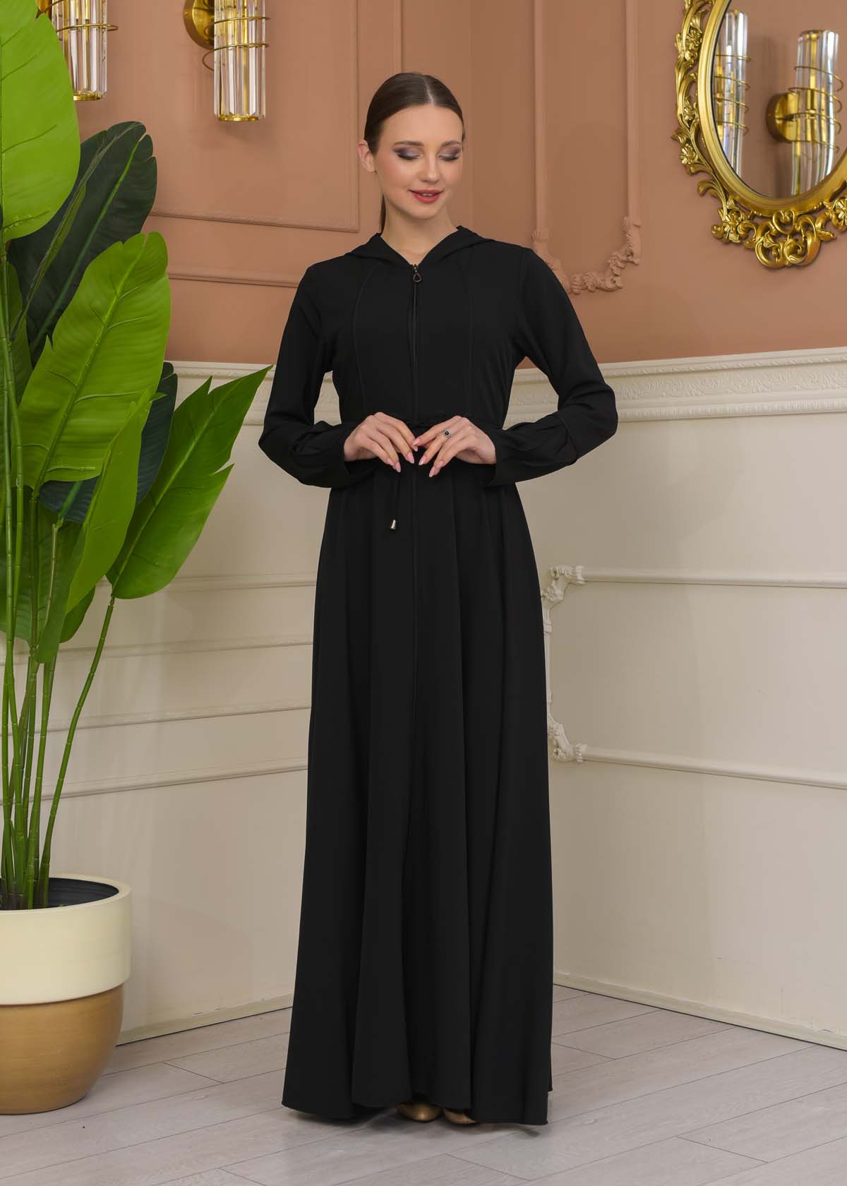 Hooded Abaya with Detachable Belt 686 - black