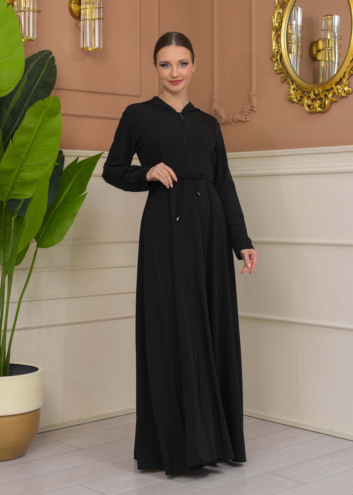 Hooded Abaya with Detachable Belt 686 - black