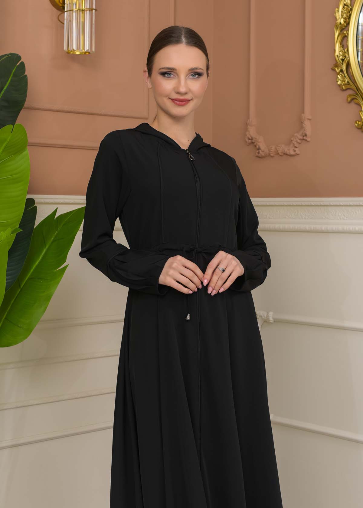 Hooded Abaya with Detachable Belt 686 - black