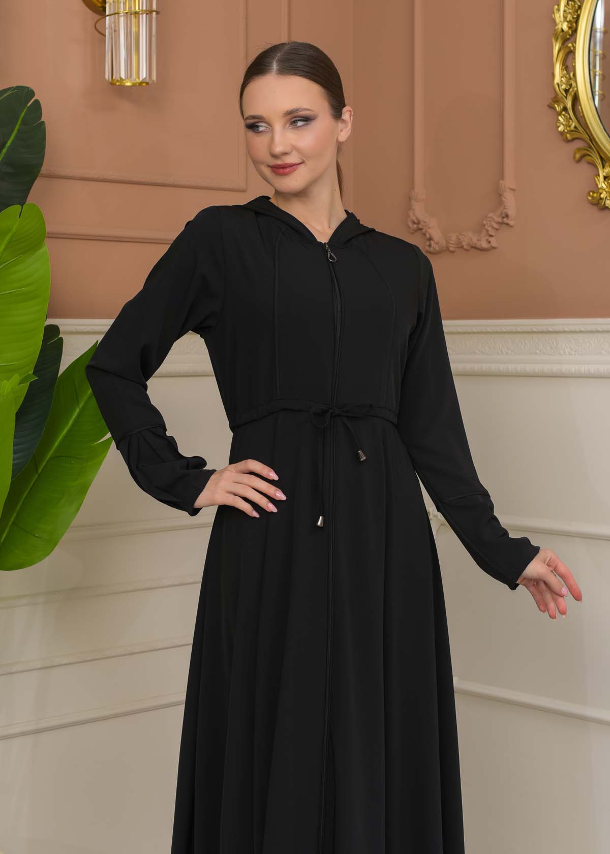 Hooded Abaya with Detachable Belt 686 - black