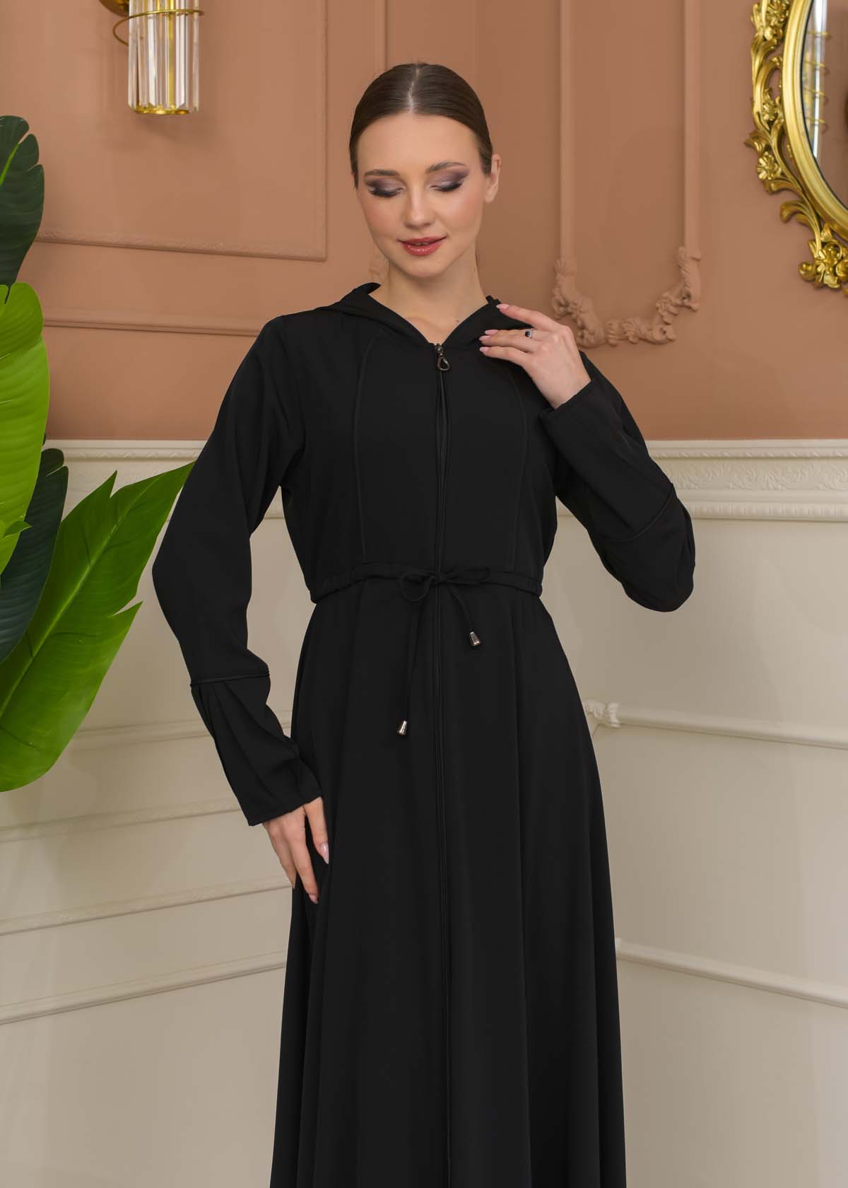 Hooded Abaya with Detachable Belt 686 - black