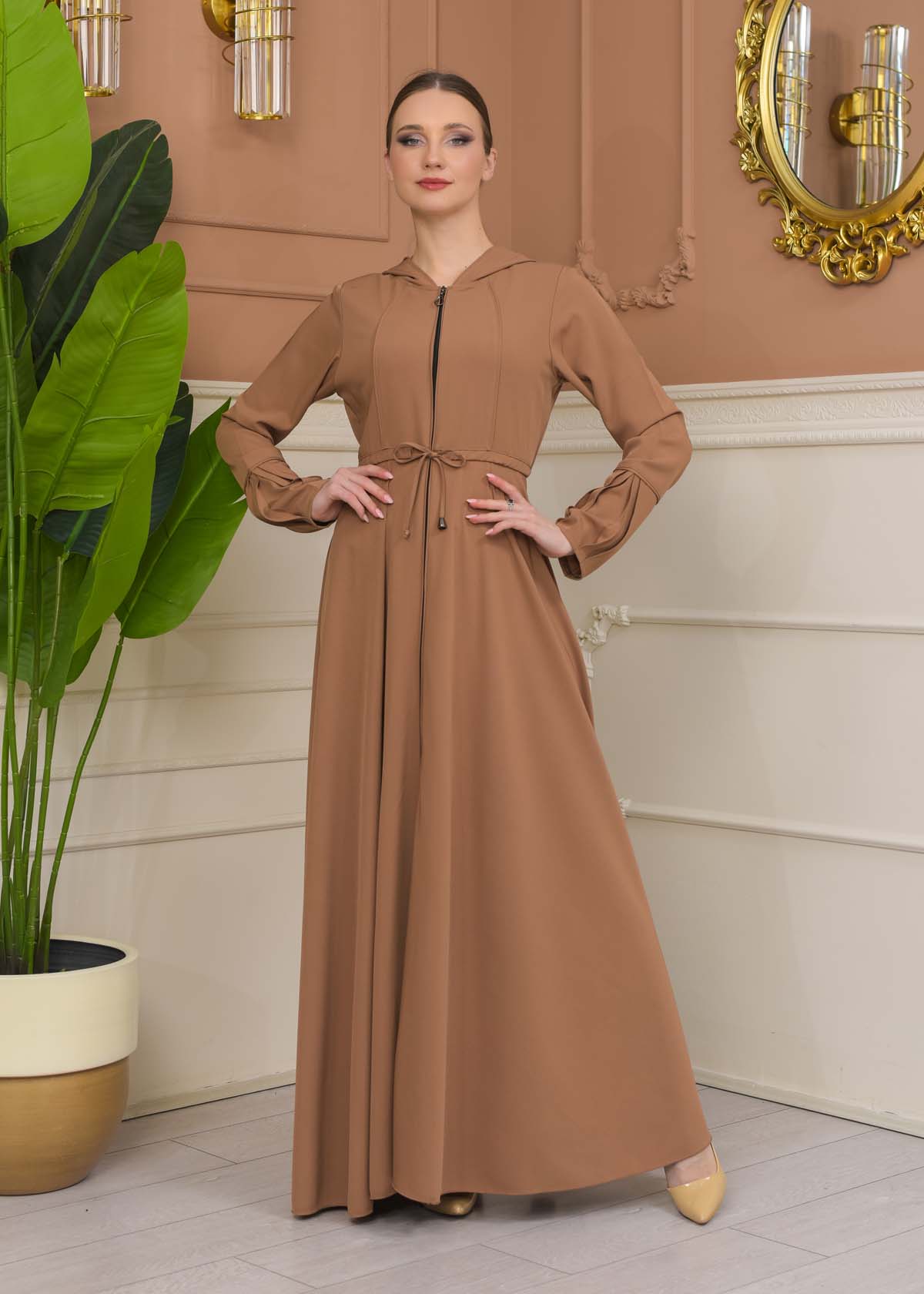 Hooded Abaya with Detachable Belt 686 - beige