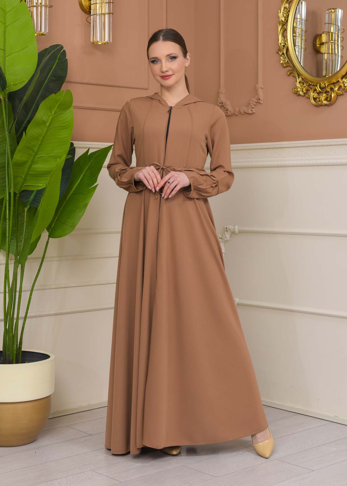 Hooded Abaya with Detachable Belt 686 - beige