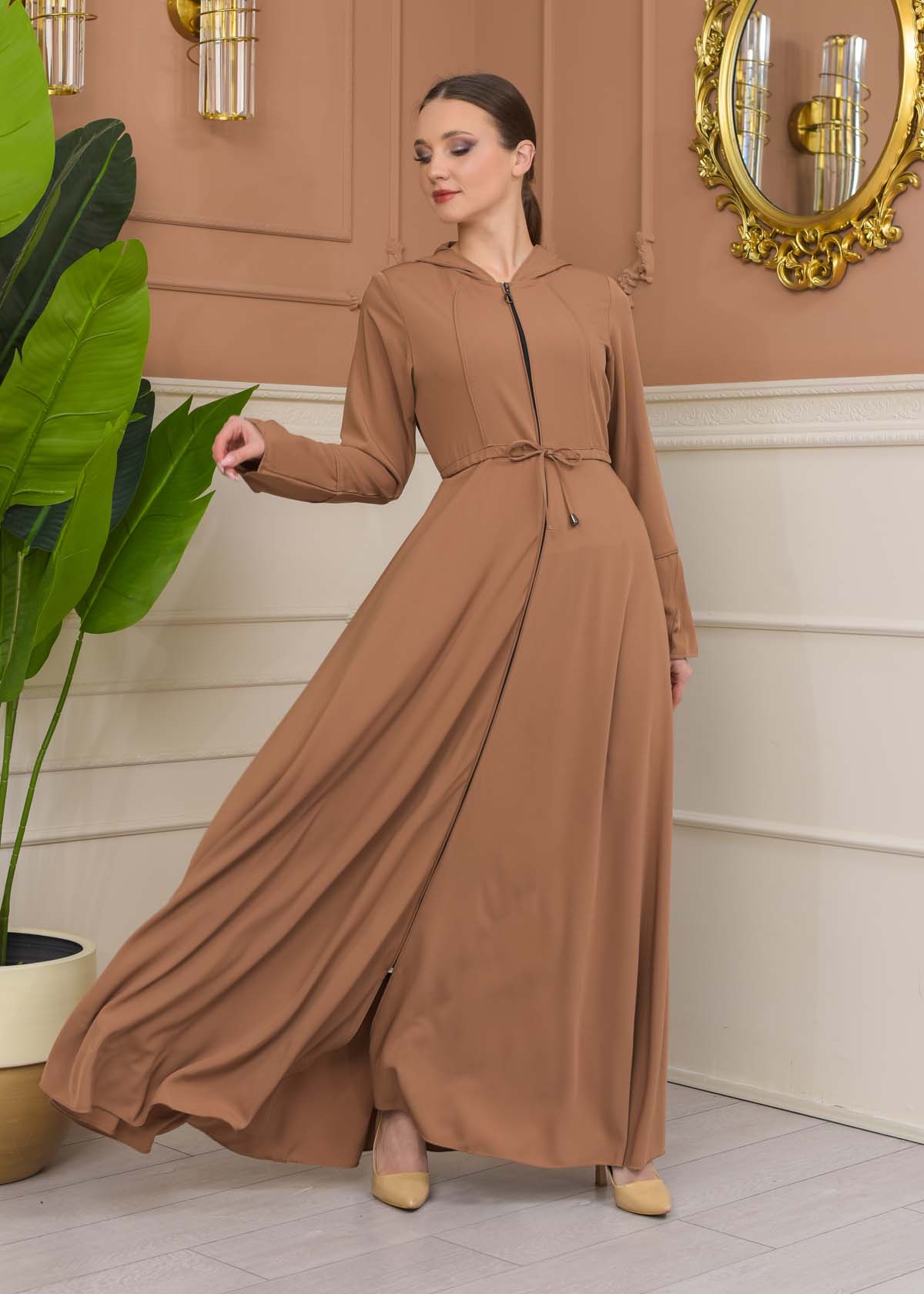 Hooded Abaya with Detachable Belt 686 - beige