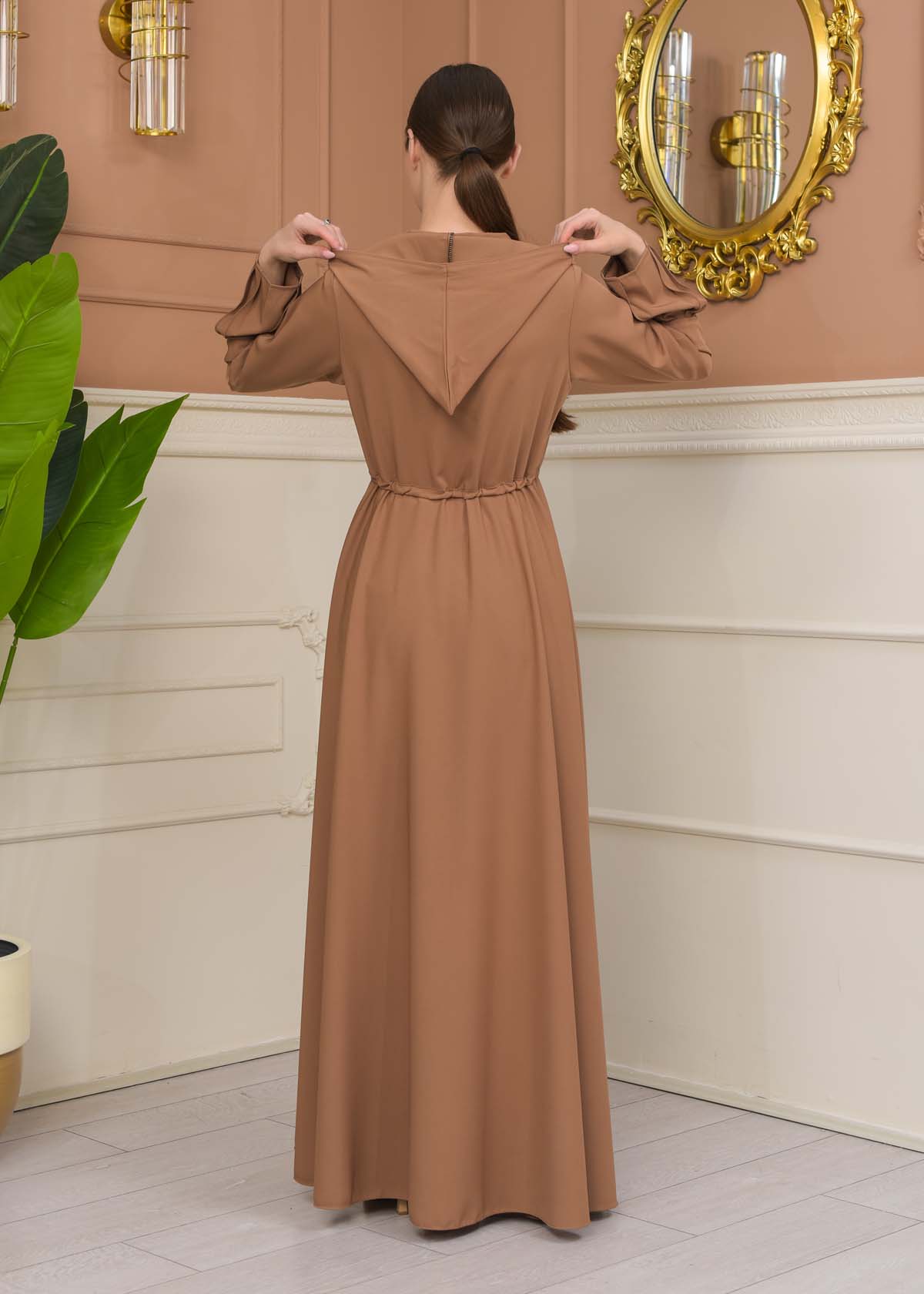 Hooded Abaya with Detachable Belt 686 - beige