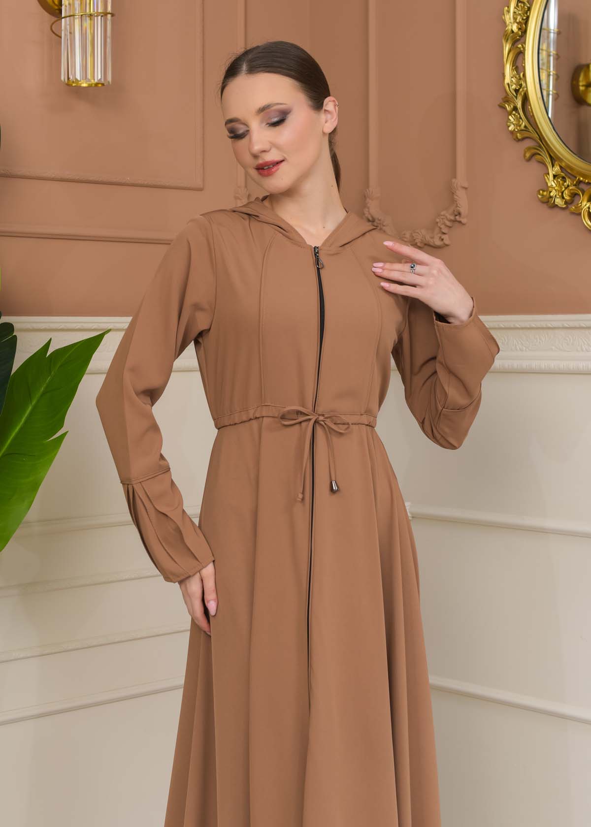 Hooded Abaya with Detachable Belt 686 - beige