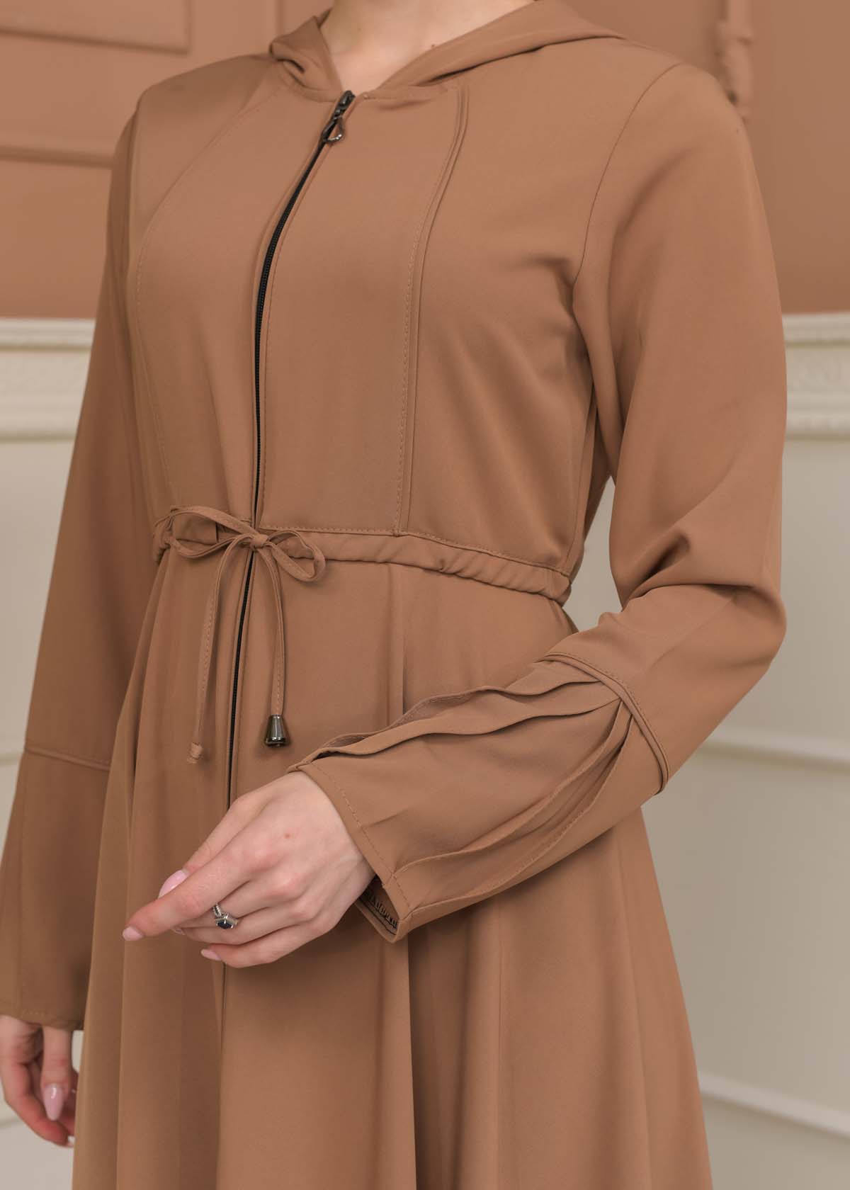 Hooded Abaya with Detachable Belt 686 - beige