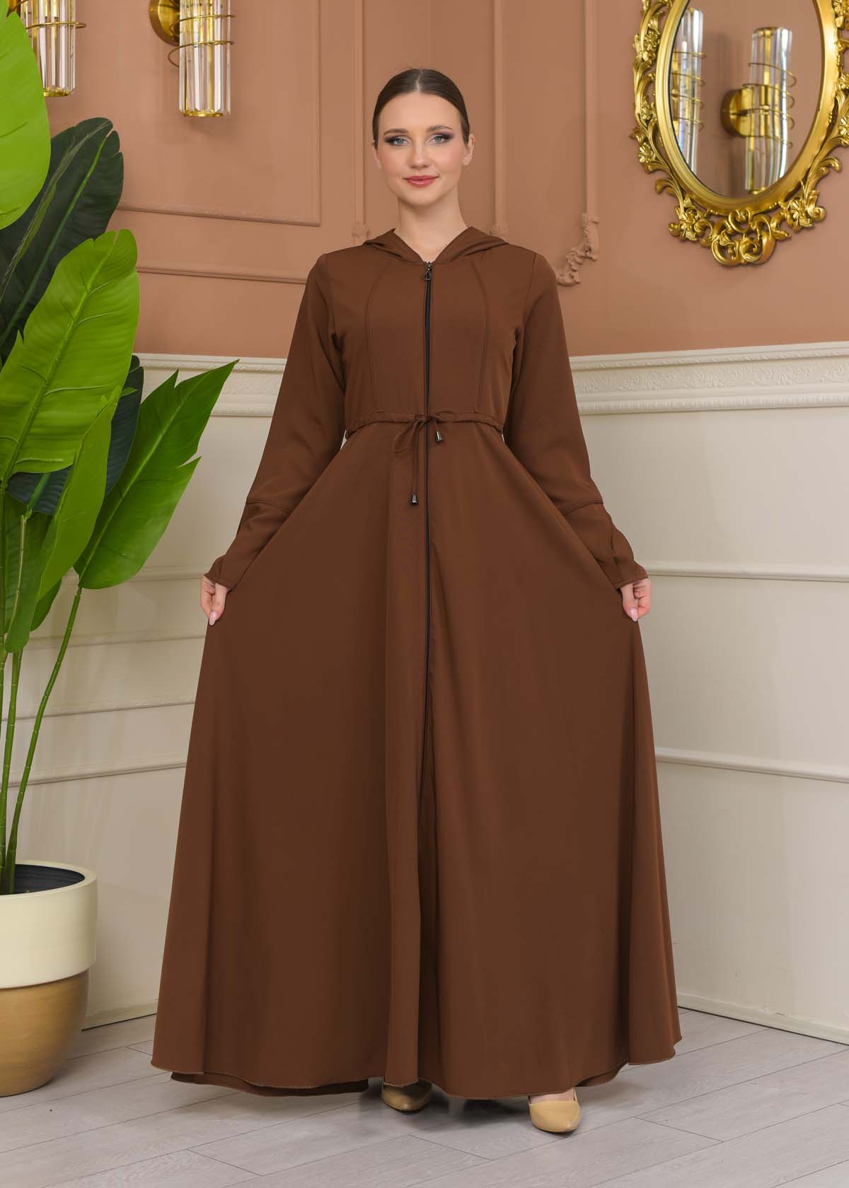 Hooded Abaya with Detachable Belt 686 - tan