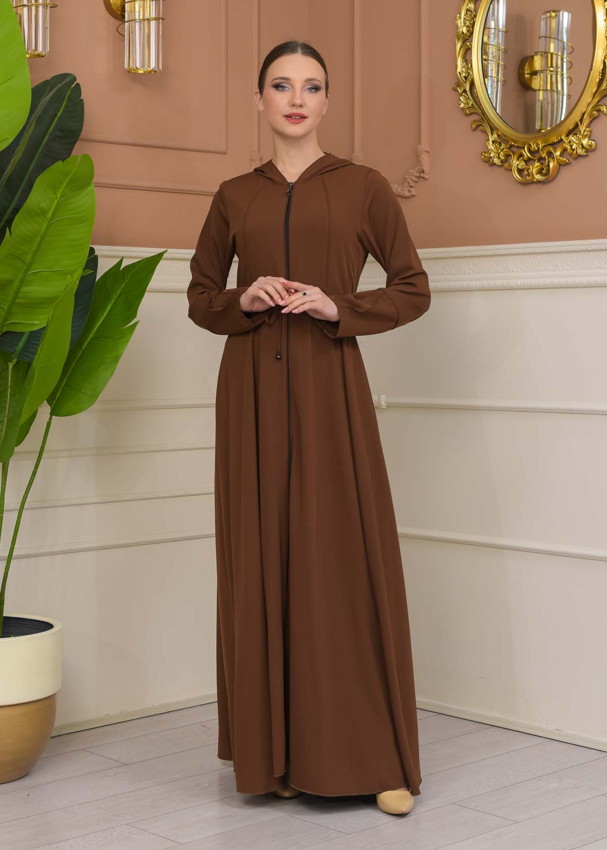 Hooded Abaya with Detachable Belt 686 - tan