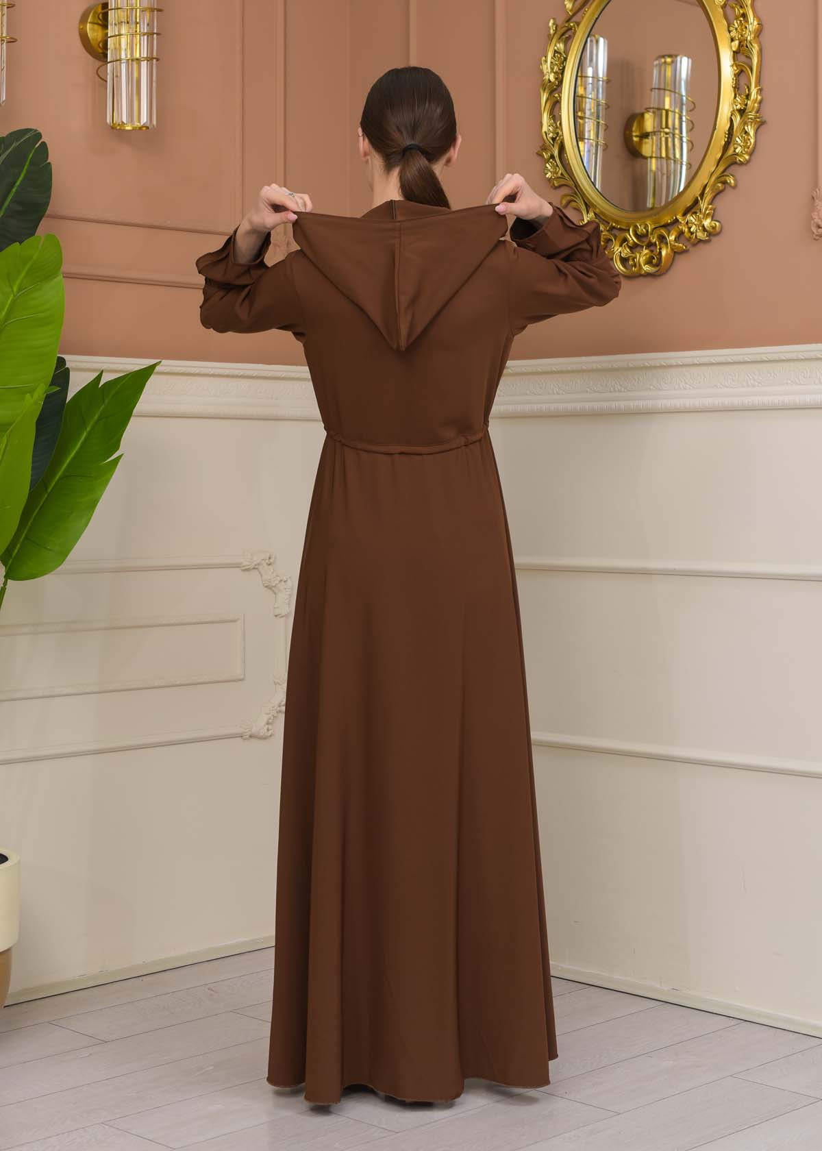 Hooded Abaya with Detachable Belt 686 - tan