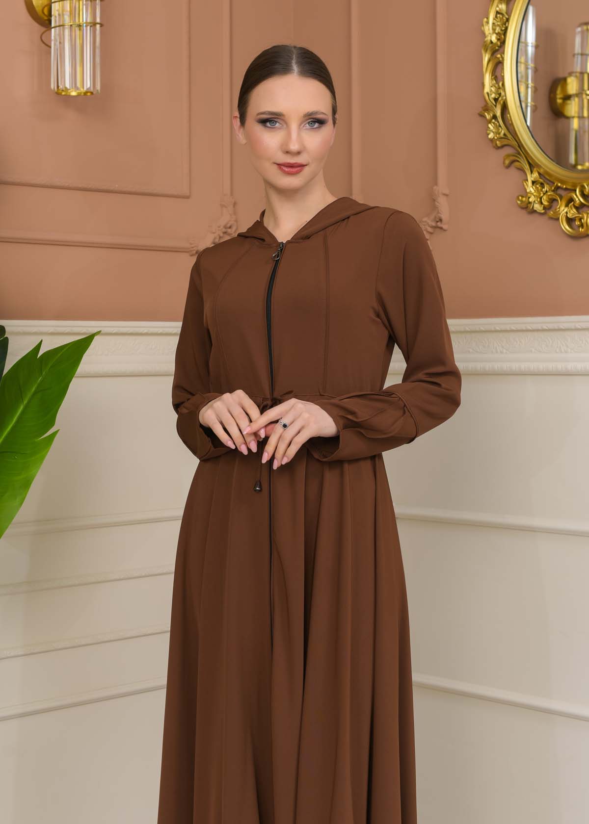 Hooded Abaya with Detachable Belt 686 - tan