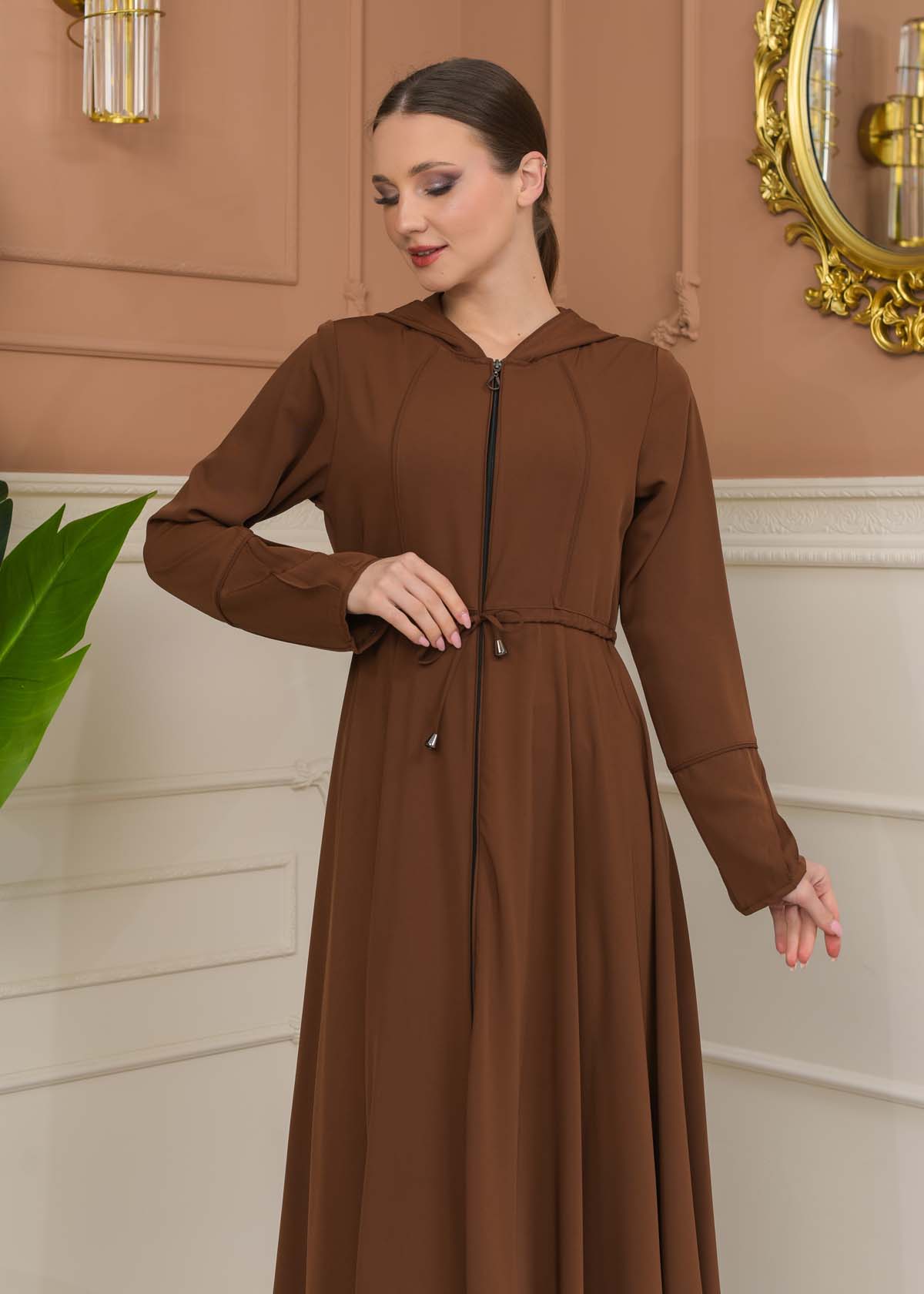 Hooded Abaya with Detachable Belt 686 - tan