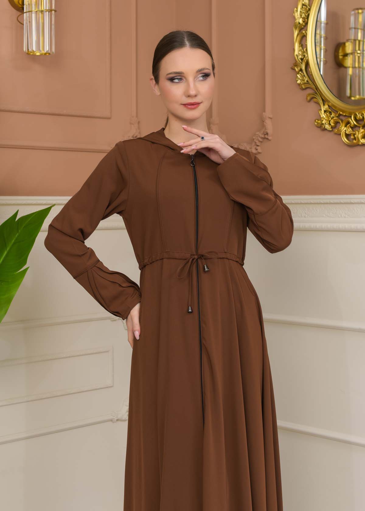 Hooded Abaya with Detachable Belt 686 - tan