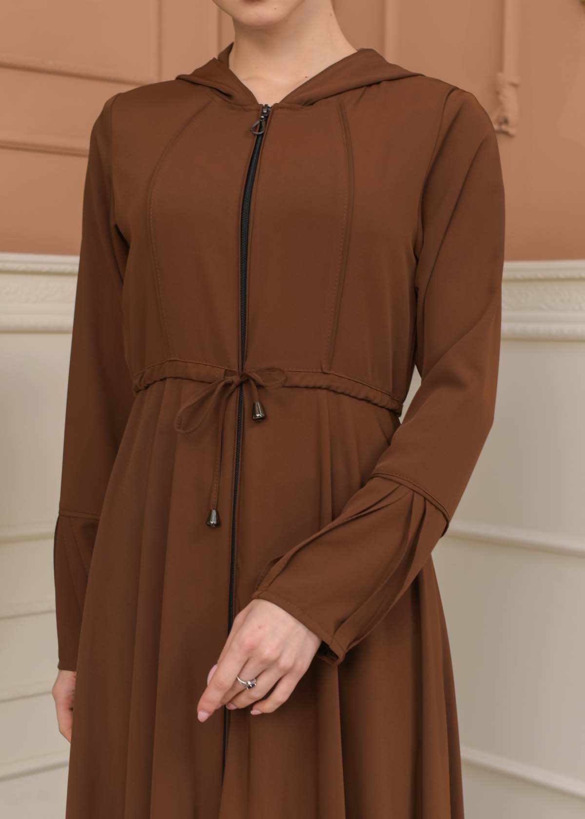 Hooded Abaya with Detachable Belt 686 - tan