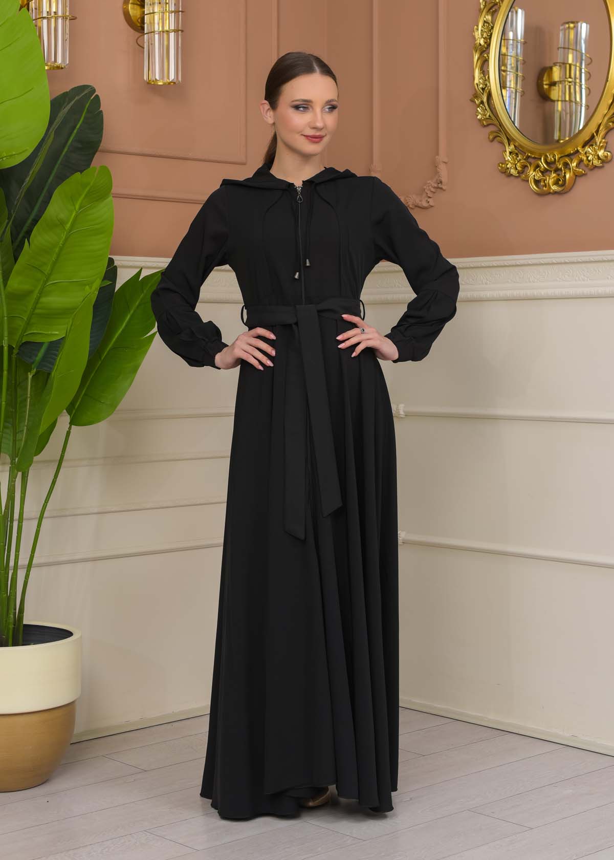 Modest Abaya with Hood and Detachable Belt 687 - black