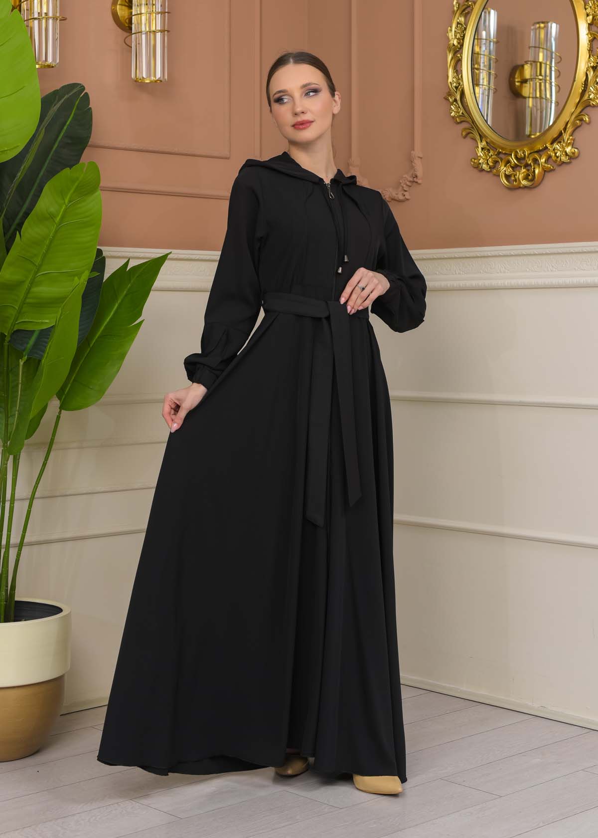 Modest Abaya with Hood and Detachable Belt 687 - black