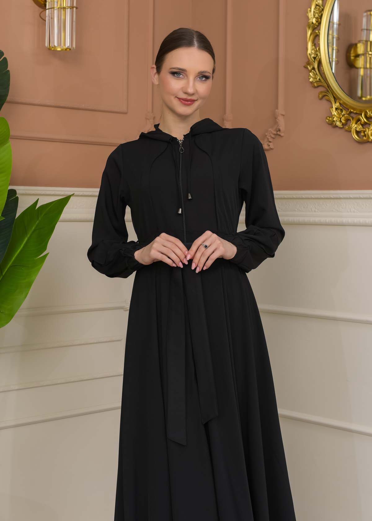 Modest Abaya with Hood and Detachable Belt 687 - black