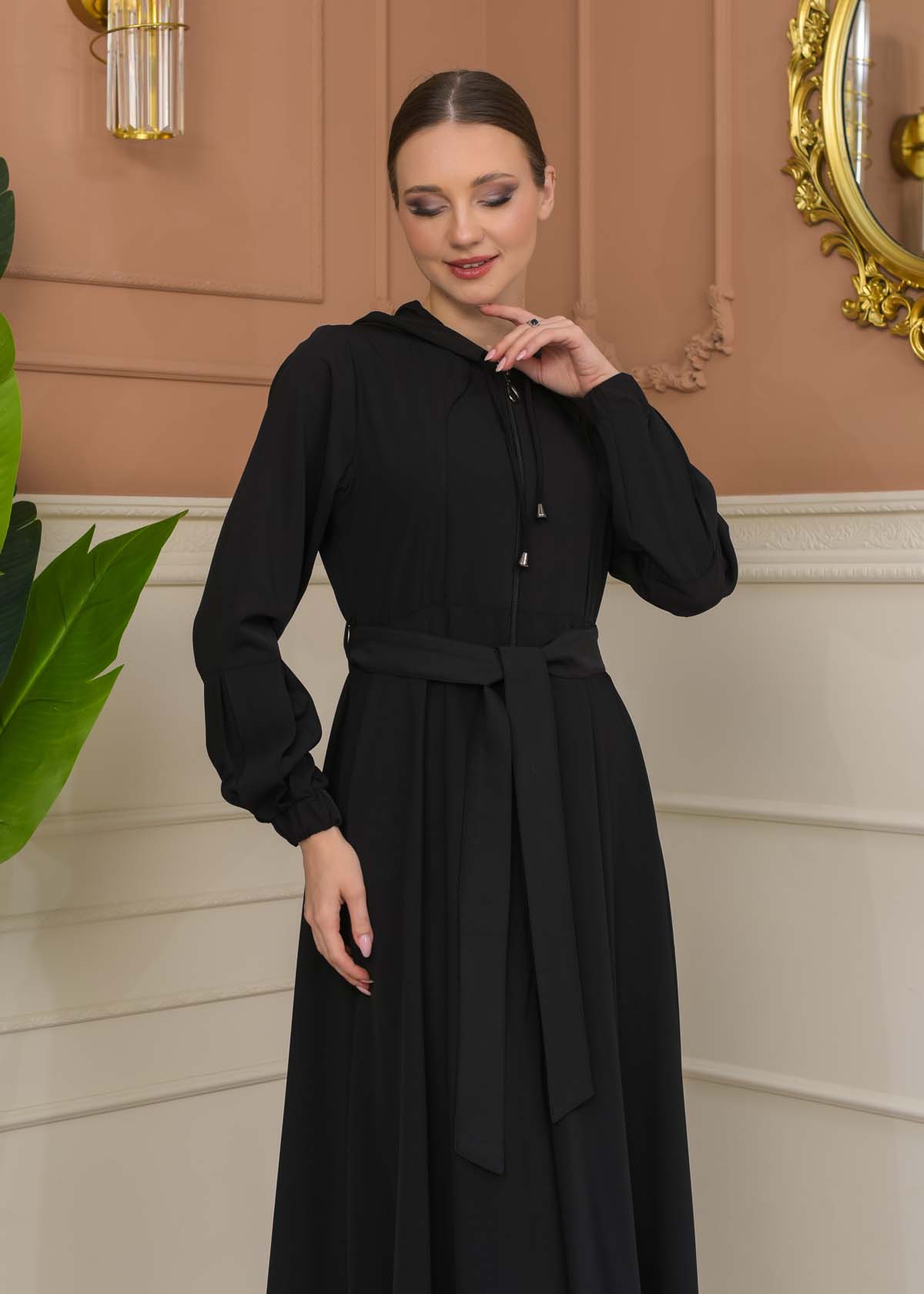 Modest Abaya with Hood and Detachable Belt 687 - black