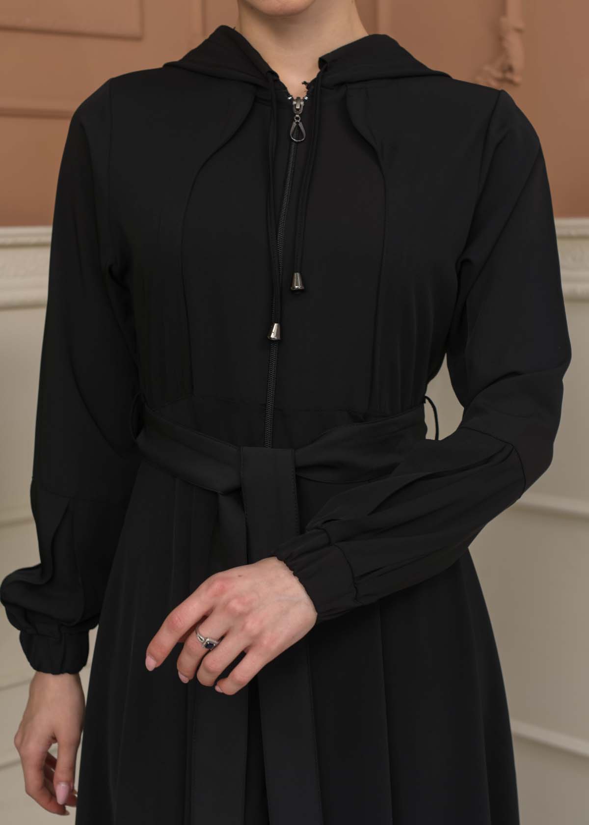 Modest Abaya with Hood and Detachable Belt 687 - black