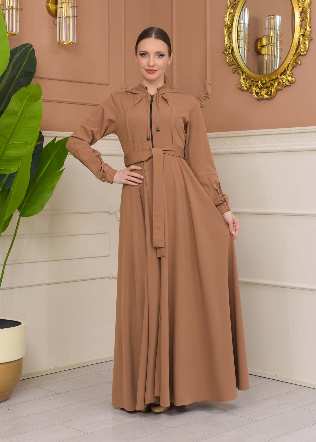 Modest Abaya with Hood and Detachable Belt 687 - beige