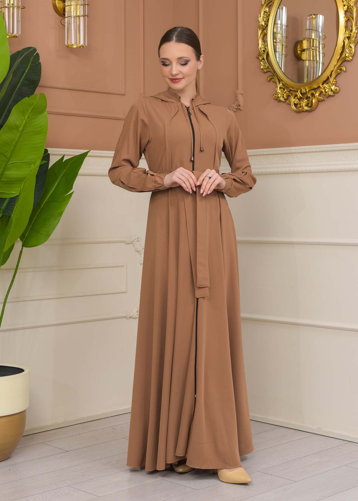 Modest Abaya with Hood and Detachable Belt 687 - beige