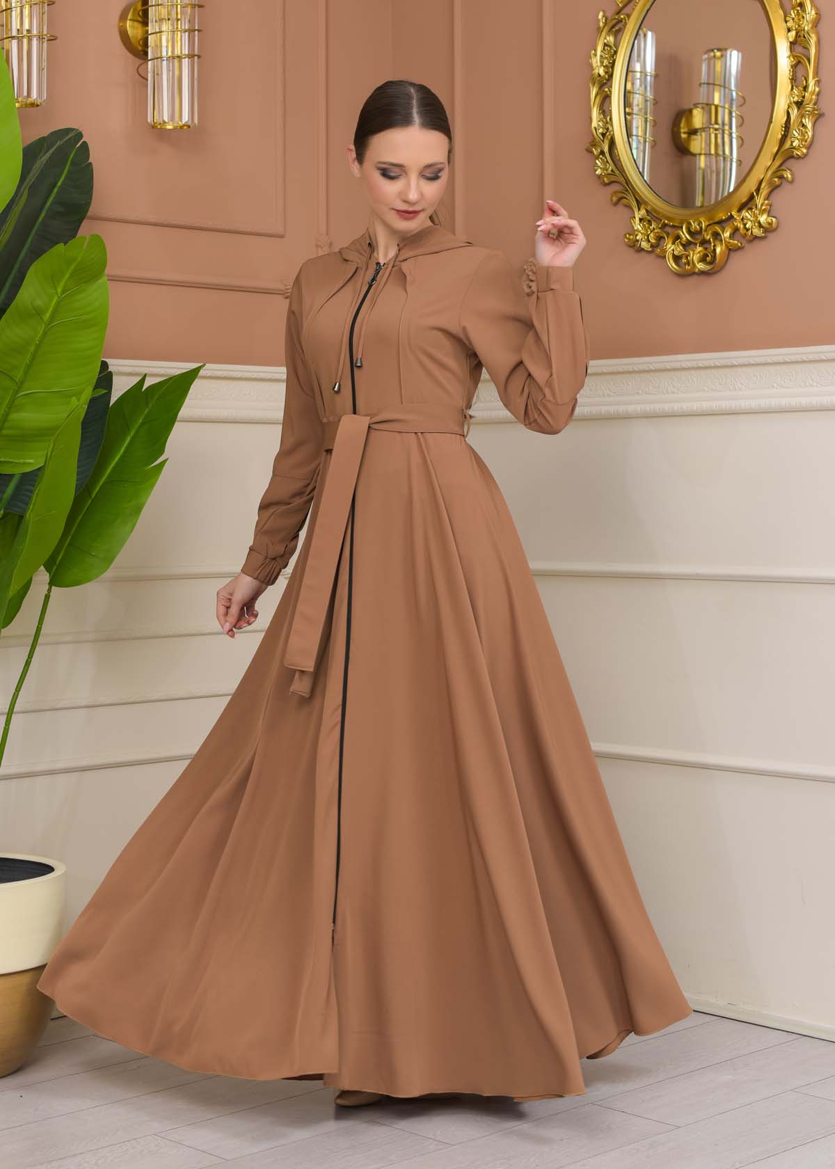 Modest Abaya with Hood and Detachable Belt 687 - beige