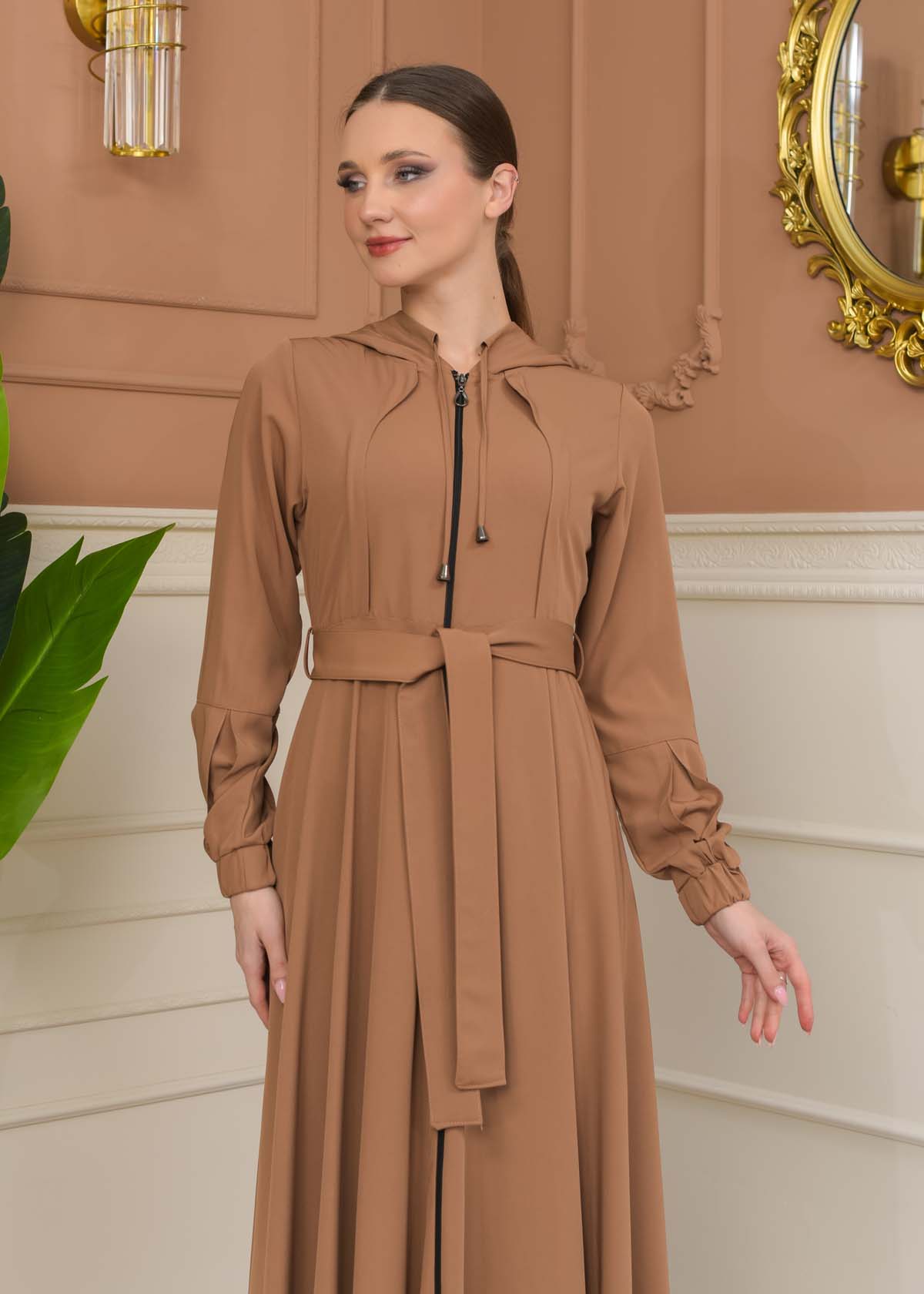 Modest Abaya with Hood and Detachable Belt 687 - beige