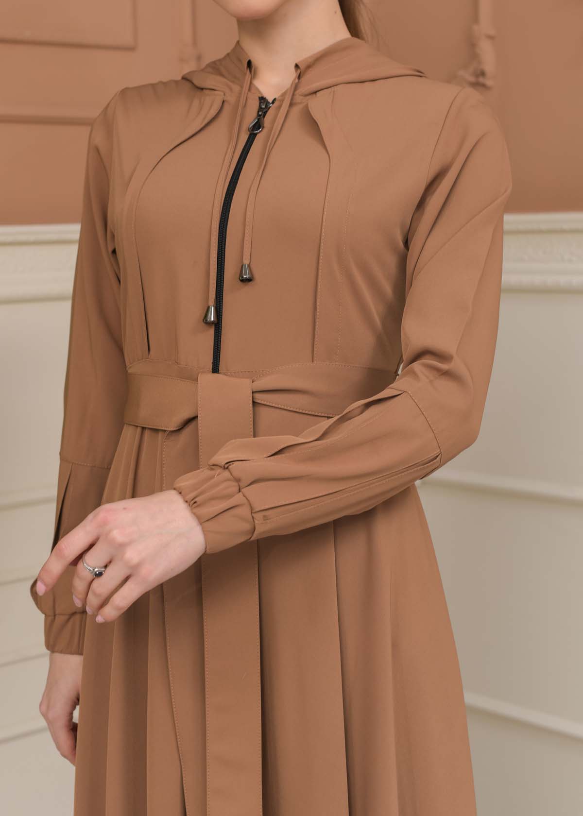 Modest Abaya with Hood and Detachable Belt 687 - beige