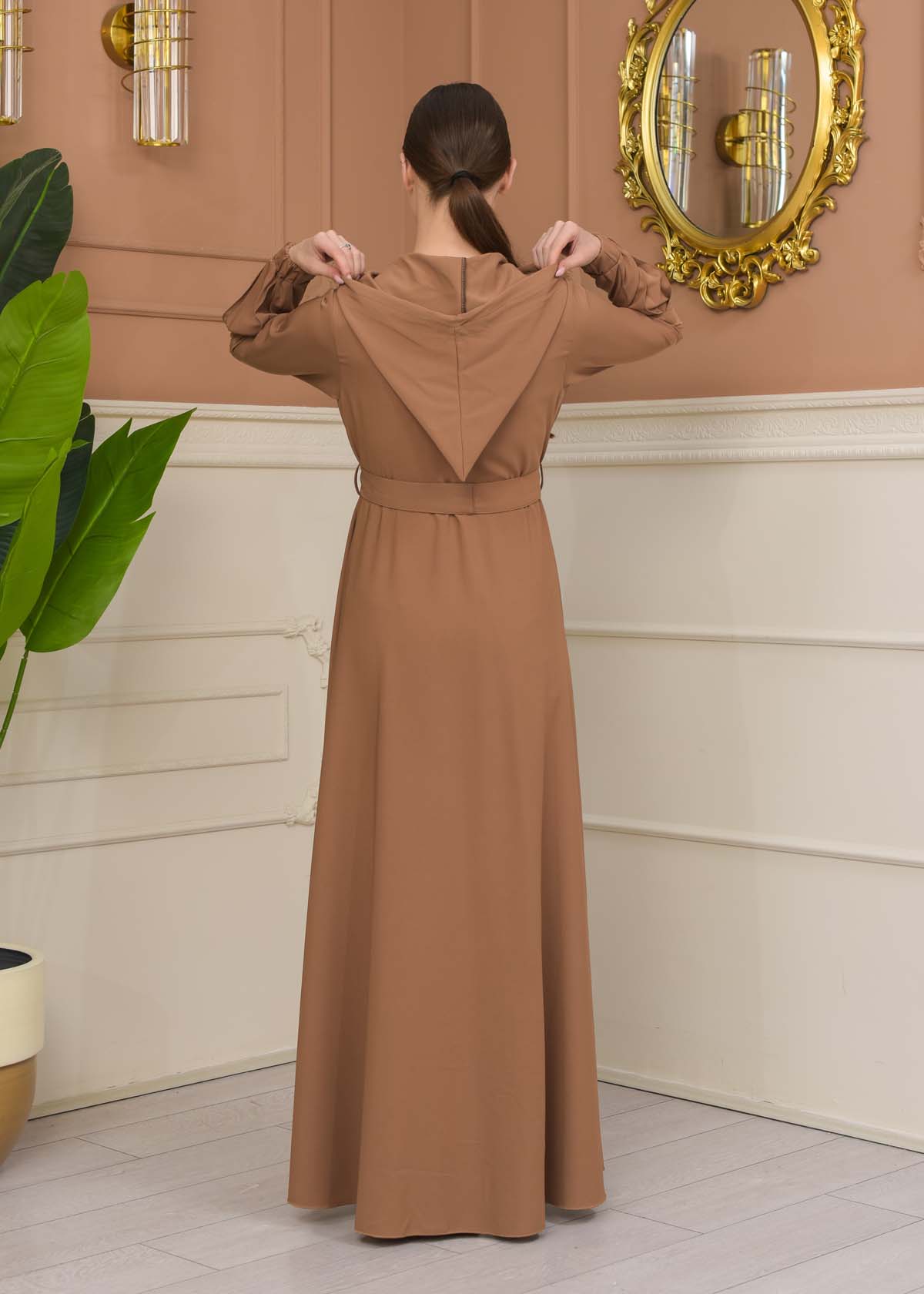 Modest Abaya with Hood and Detachable Belt 687 - beige