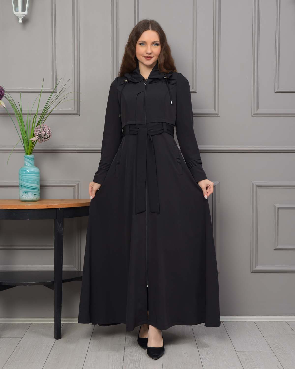 Belted Hooded Hijabi Prada Topcoat 1231 - black