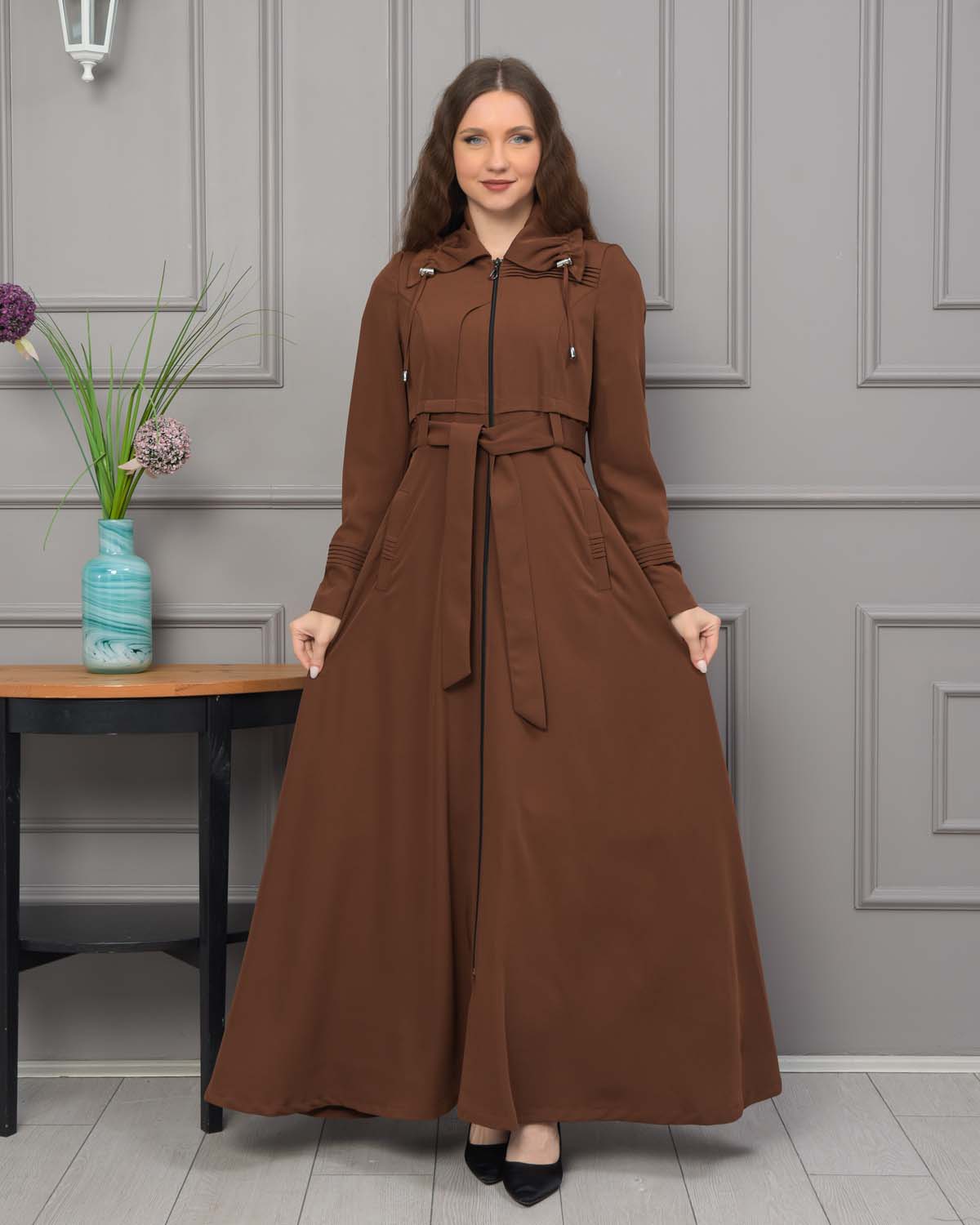 Belted Hooded Hijabi Prada Topcoat 1231 - brown