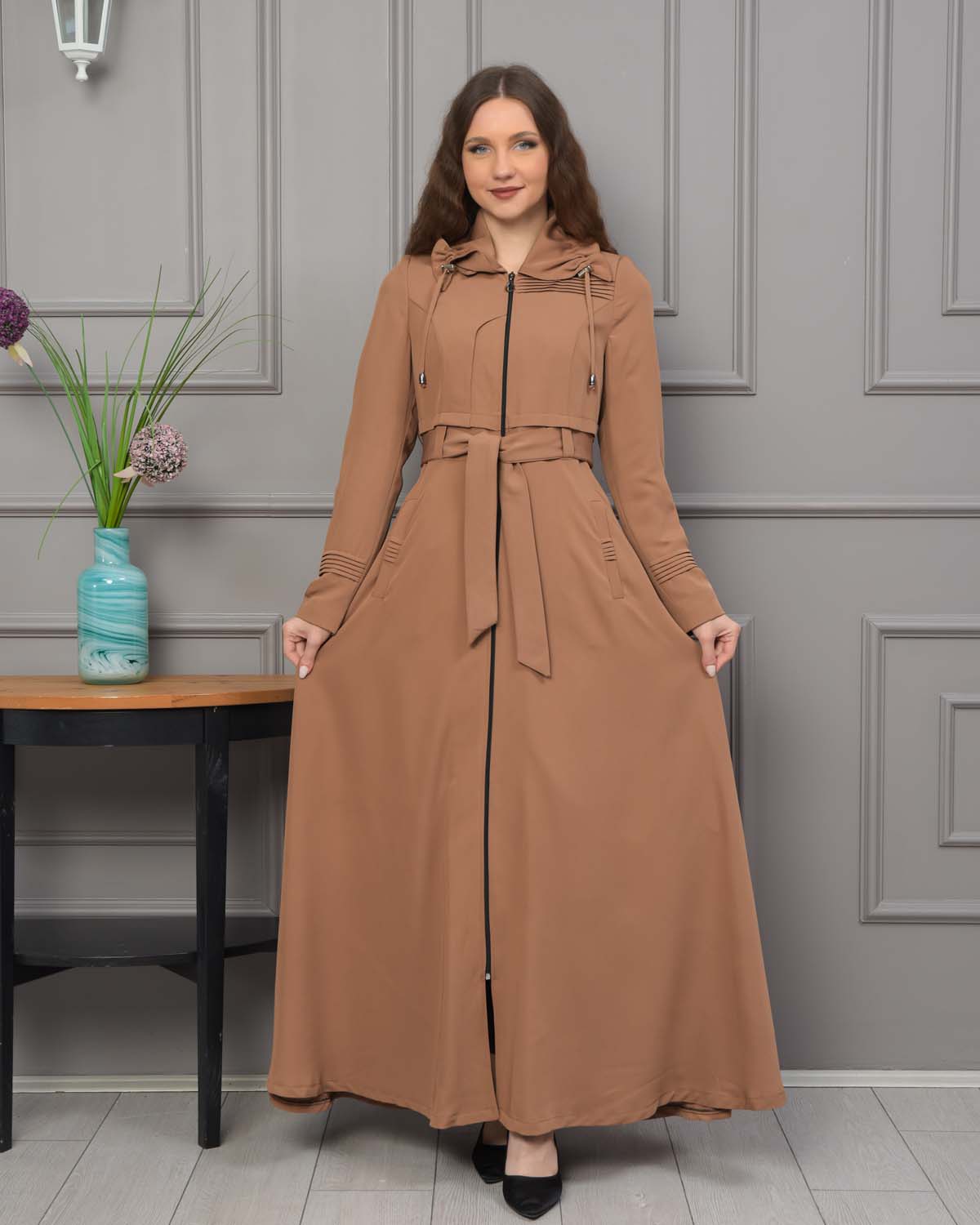 Belted Hooded Hijabi Prada Topcoat 1231 - tan