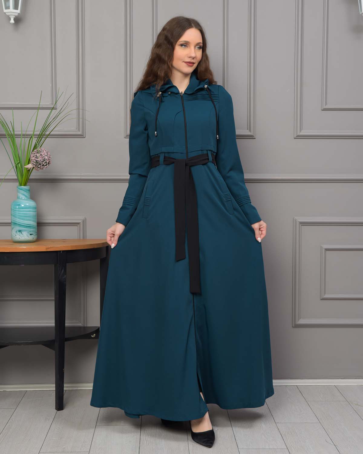 Belted Hooded Hijabi Prada Topcoat 1231 - turquoise