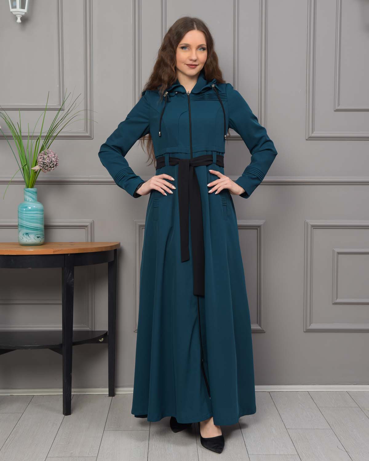 Belted Hooded Hijabi Prada Topcoat 1231 - turquoise