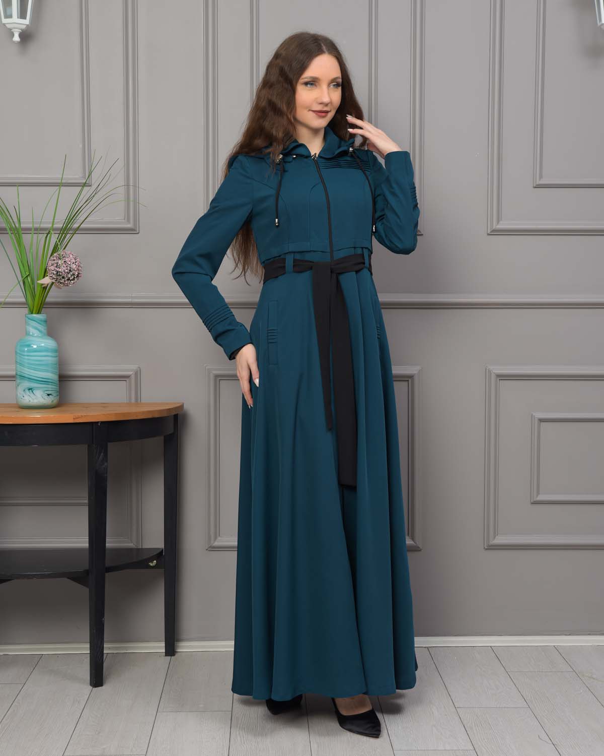 Belted Hooded Hijabi Prada Topcoat 1231 - turquoise