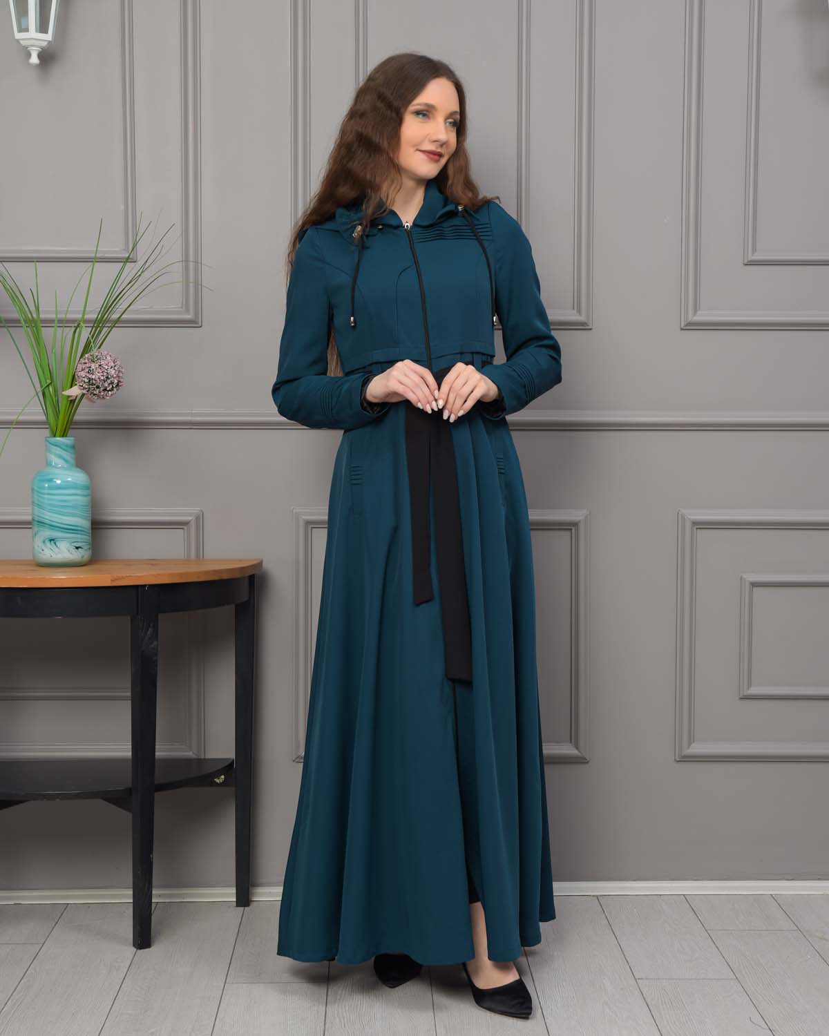 Belted Hooded Hijabi Prada Topcoat 1231 - turquoise