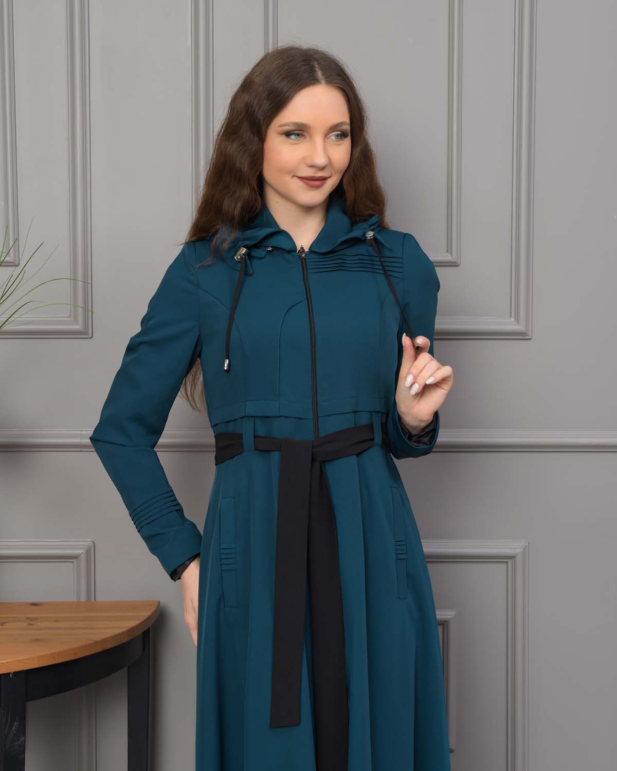 Belted Hooded Hijabi Prada Topcoat 1231 - turquoise