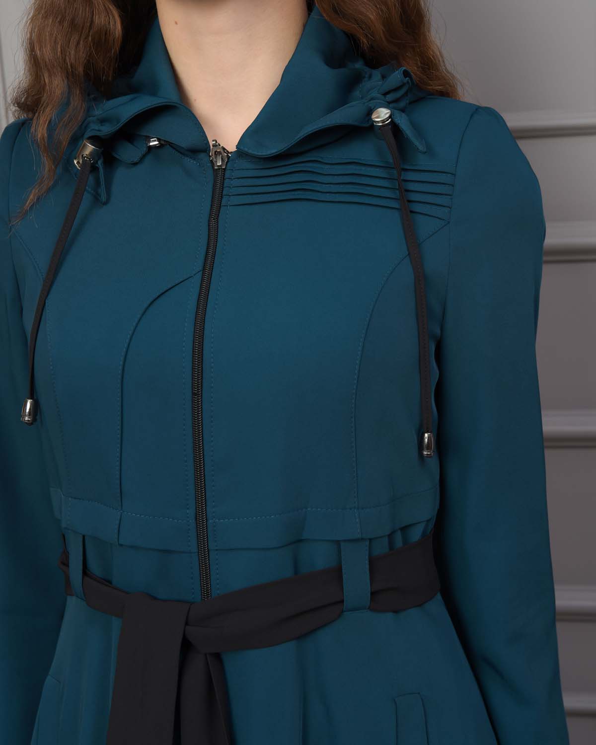 Belted Hooded Hijabi Prada Topcoat 1231 - turquoise