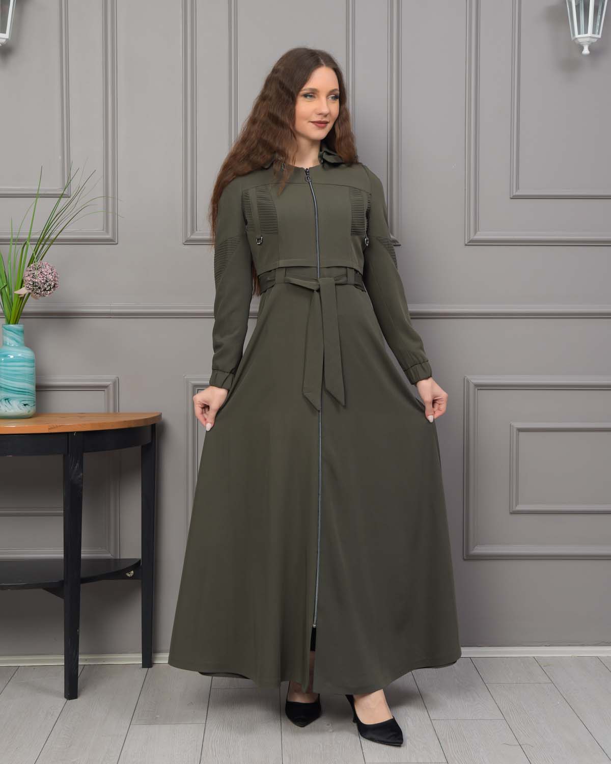 Hooded Belted Hijabi Prada Topcoat 1232 - khaki