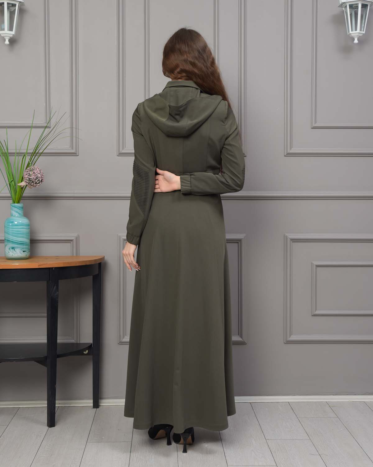 Hooded Belted Hijabi Prada Topcoat 1232 - khaki